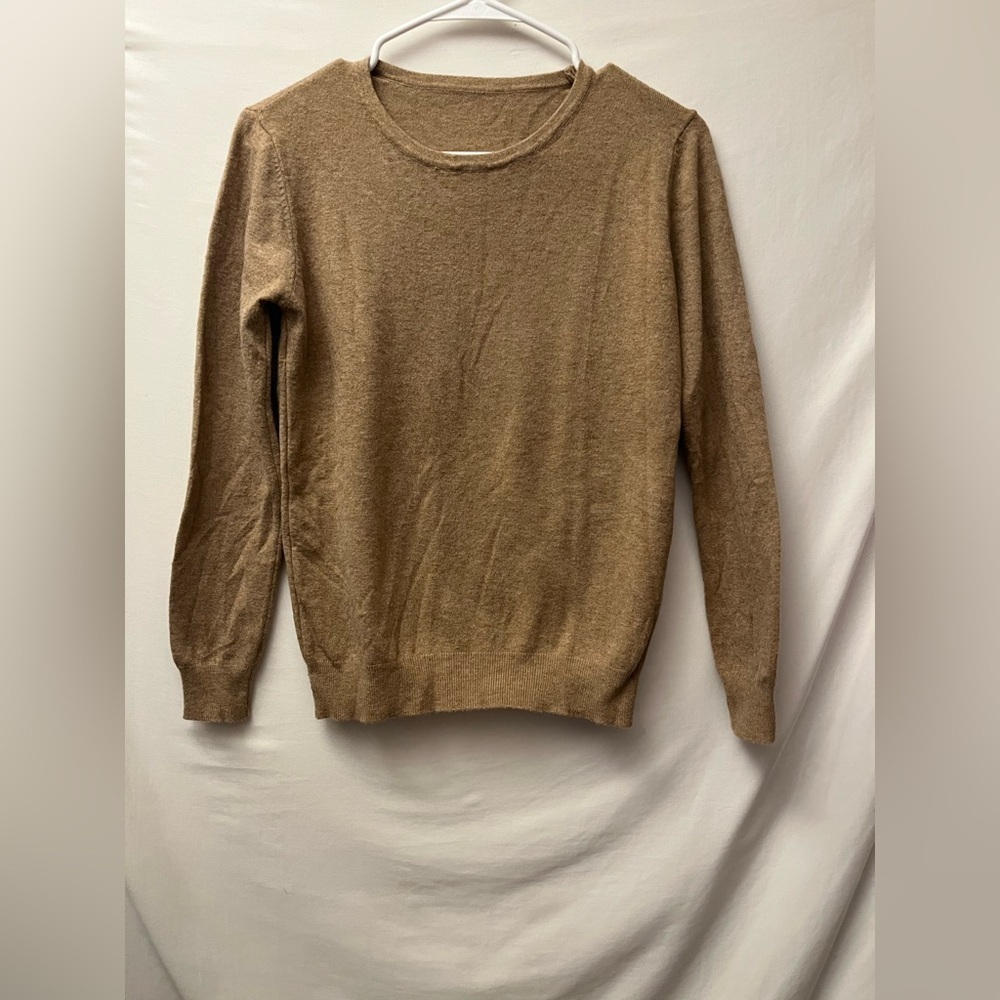Women's Tan Silk Wool CrewNeck Long Sleeve Lightweight Pullover Tan Sweater S